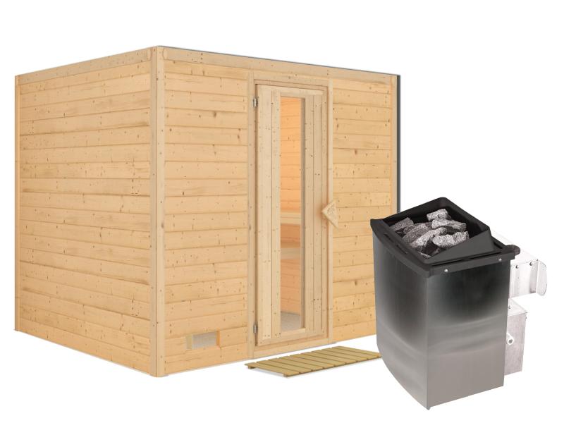 Karibu Sauna Sonara inkl. 9-kW-Ofen mit interner Steuerung, ohne Dachkranz, mit energiesparender Sau