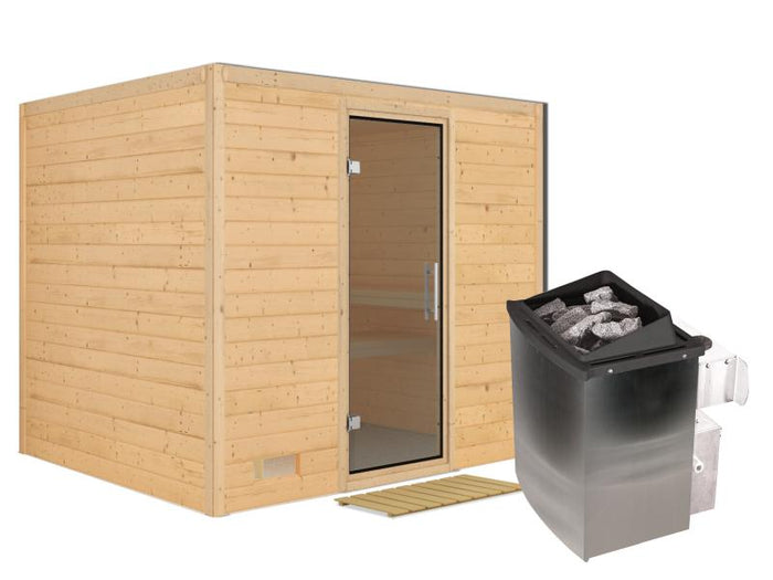Karibu Sauna Sonara inkl. 9-kW-Ofen mit interner Steuerung, ohne Dachkranz, mit moderner Saunatür