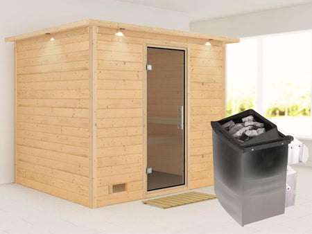 Karibu Sauna Sonara inkl. 9-kW-Ofen mit interner Steuerung, mit Dachkranz, mit moderner Saunatür