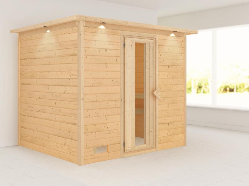 Karibu Sauna Sonara ohne Ofen, mit Dachkranz, mit energiesparender Saunatür