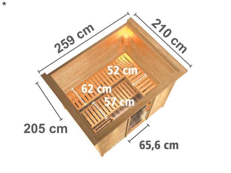 Karibu Sauna Sonara ohne Ofen, mit Dachkranz, mit energiesparender Saunatür
