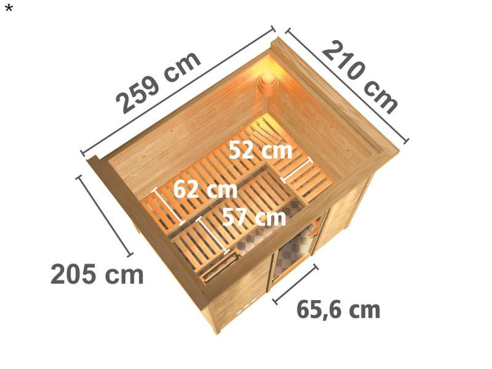 Karibu Sauna Sonara ohne Ofen, mit Dachkranz, mit energiesparender Saunatür