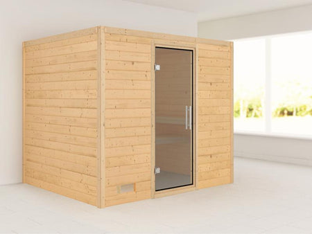 Karibu Sauna Sonara ohne Ofen, ohne Dachkranz, mit moderner Saunatür