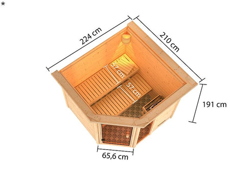 Karibu Sauna Tabea mit 9 kW Ofen ext. Strg und Dachkranz 38 mm