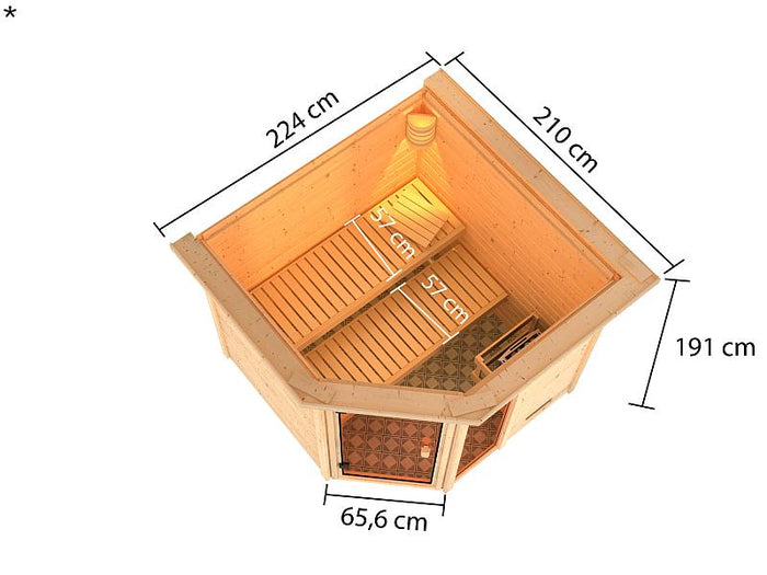 Karibu Sauna Tabea mit 9 kW Ofen ext. Strg und Dachkranz 38 mm