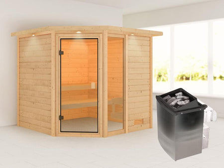 Karibu Sauna Tabea mit 9 kW Ofen integr. Strg und Dachkranz 38 mm