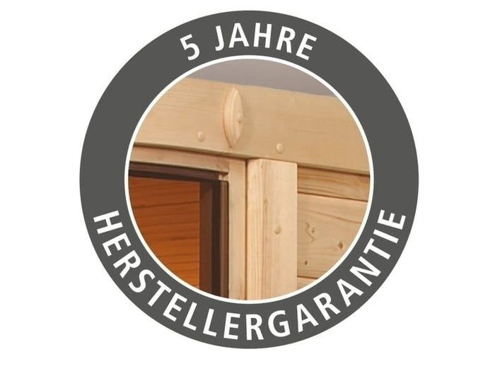 Karibu Sauna Tabea mit 9 kW Ofen integr. Strg und Dachkranz 38 mm