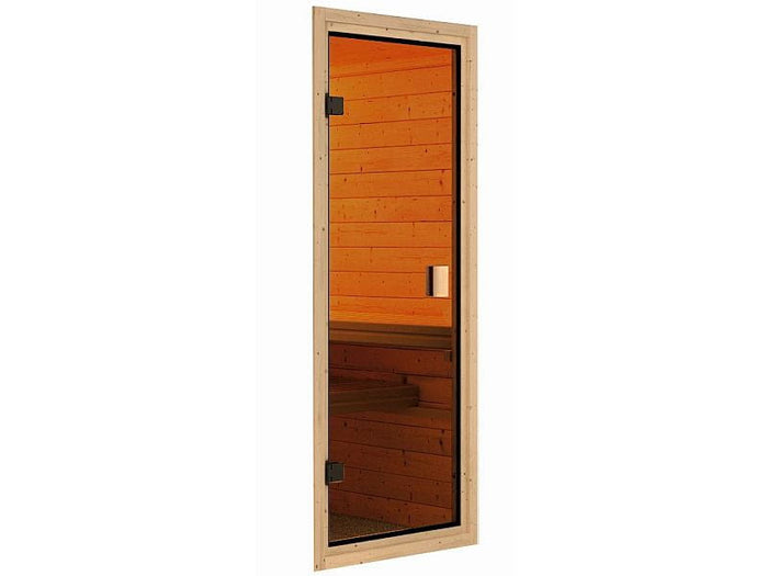 Karibu Sauna Tabea mit 9 kW Ofen integr. Strg und Dachkranz 38 mm