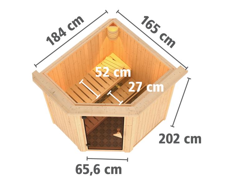 Karibu Sauna Taurin inkl. 9 kW Bioofen ext. Steuerung, mit moderner Saunatür - mit Dachkranz -