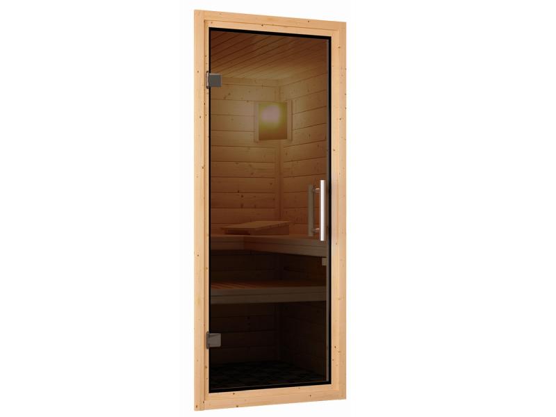 Karibu Sauna Taurin inkl. 9 kW Bioofen ext. Steuerung, mit moderner Saunatür - mit Dachkranz -