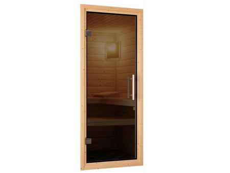 Karibu Sauna Taurin inkl. 9 kW Bioofen ext. Steuerung, mit moderner Saunatür - mit Dachkranz -