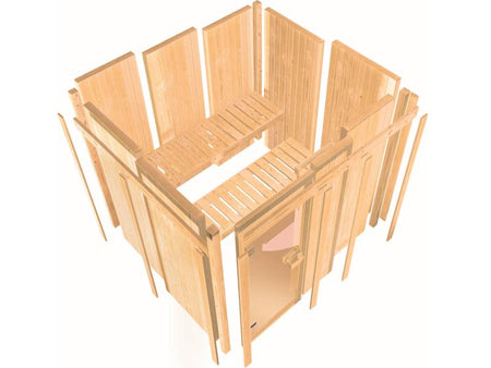 Karibu Sauna Taurin  inkl. 9 kW Ofen ext. Steuerung, mit moderner Saunatür - ohne Dachkranz -