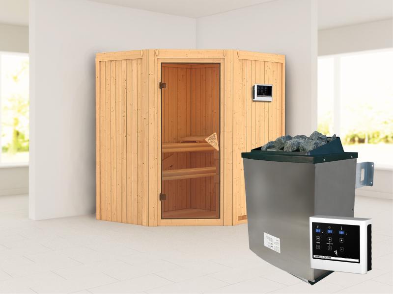 Karibu Sauna Taurin inkl. 9 kW Ofen ext. Steuerung, mit bronzierter Gnazglastür  - ohne Dachkranz -
