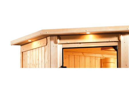 Karibu Sauna Taurin inkl. 9 kW Ofen ext. Steuerung, mit bronzierter Ganzglastür - mit Dachkranz -