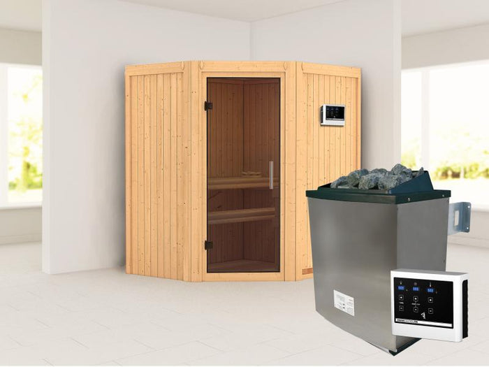 Karibu Sauna Taurin  inkl. 9 kW Ofen ext. Steuerung, mit moderner Saunatür - ohne Dachkranz -
