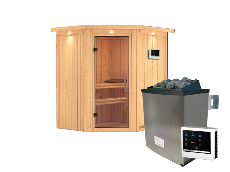 Karibu Sauna Taurin inkl. 9 kW Ofen ext. Steuerung, mit klarglas Ganzglastür -mit Dachkranz-