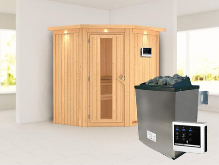 Karibu Sauna Taurin inkl. 9 kW Ofen externe Steuerung, mit Energiespartür - mit Dachkranz -