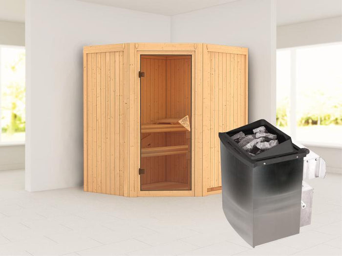 Karibu Sauna Taurin inkl. 9 kW Ofen integr. Steuerung, mit bronzierter Ganzglastür  - ohne Dachkranz