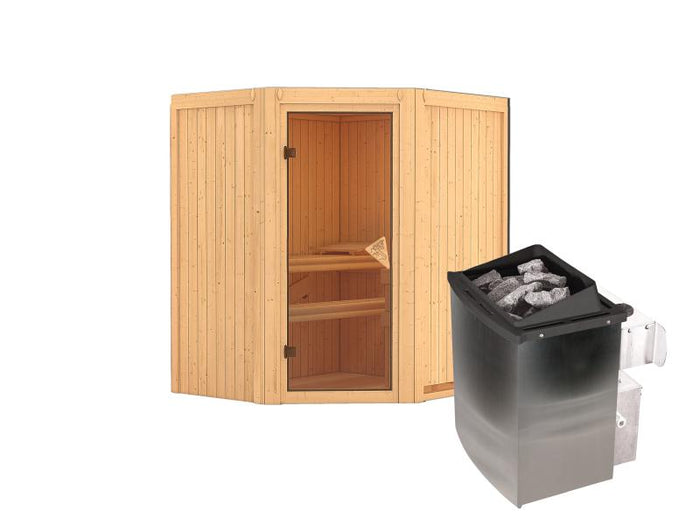 Karibu Sauna Taurin inkl. 9 kW Ofen integr. Steuerung, mit bronzierter Ganzglastür  - ohne Dachkranz