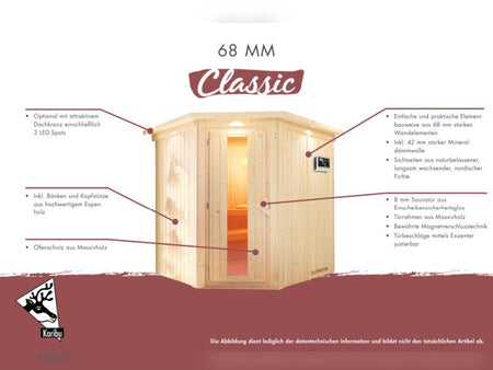 Karibu Sauna Taurin inkl. 9 kW Ofen integr. Steuerung, mit moderner Saunatür - ohne Dachkranz -