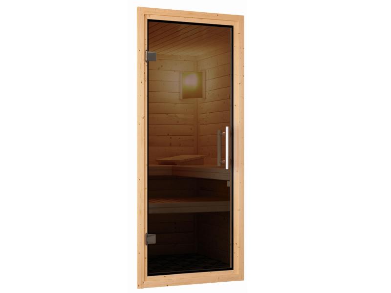 Karibu Sauna Taurin inkl. 9 kW Ofen integr. Steuerung, mit moderner Saunatür - mit Dachkranz -