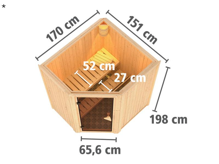 Karibu Sauna Taurin ohne Ofen, ohne Dachkranz, mit energiesparender Saunatür