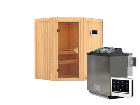 Karibu Sauna Tauriun inkl. 9 kW Bioofen externe Steuerung, mit bronzierter Ganzglastür - ohne Dachkr