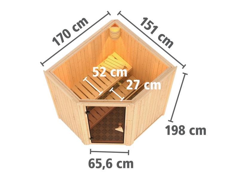 Karibu Sauna Tauriun inkl. 9 kW Bioofen externe Steuerung, mit bronzierter Ganzglastür - ohne Dachkr