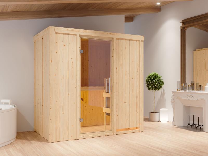 Karibu Sauna Variado inkl. 9 kW Bioofen ext. Steuerung, mit klarglas Ganzglastür -ohne Dachkranz-