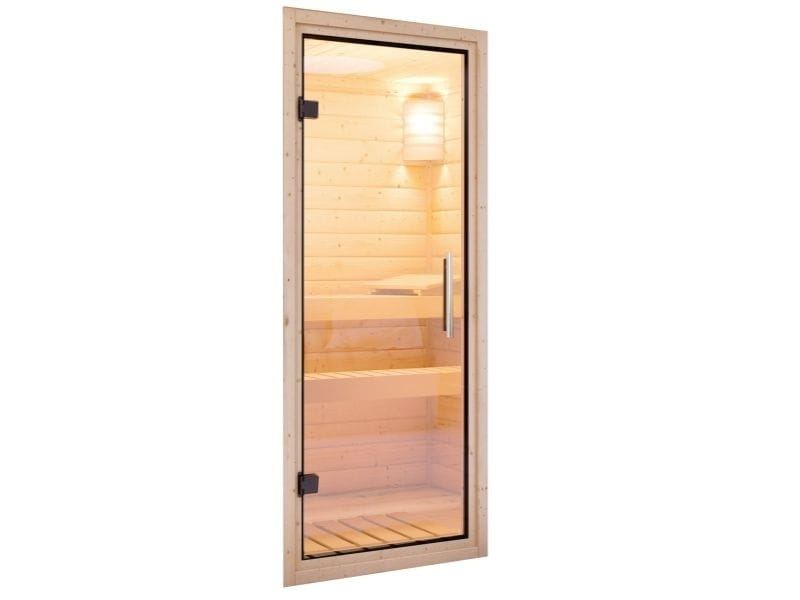Karibu Sauna Variado inkl. 9 kW Bioofen ext. Steuerung, mit klarglas Ganzglastür -mit Dachkranz-