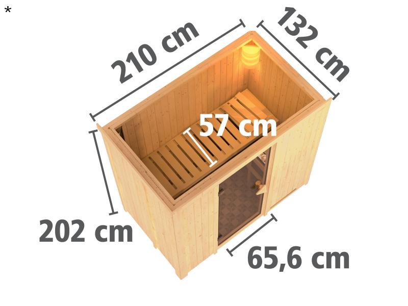 Karibu Sauna Variado ohne Ofen, mit Dachkranz, mit Klarglas Ganzglastür