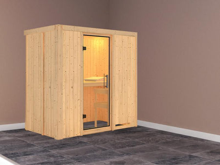Karibu Sauna Variado ohne Ofen, ohne Dachkranz, mit Klarglas Ganzglastür