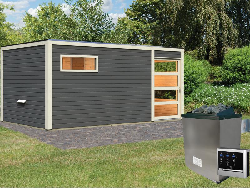 Karibu Saunahaus Hygge 38 mm- terragrau- 9 kW Ofen ext. Strg