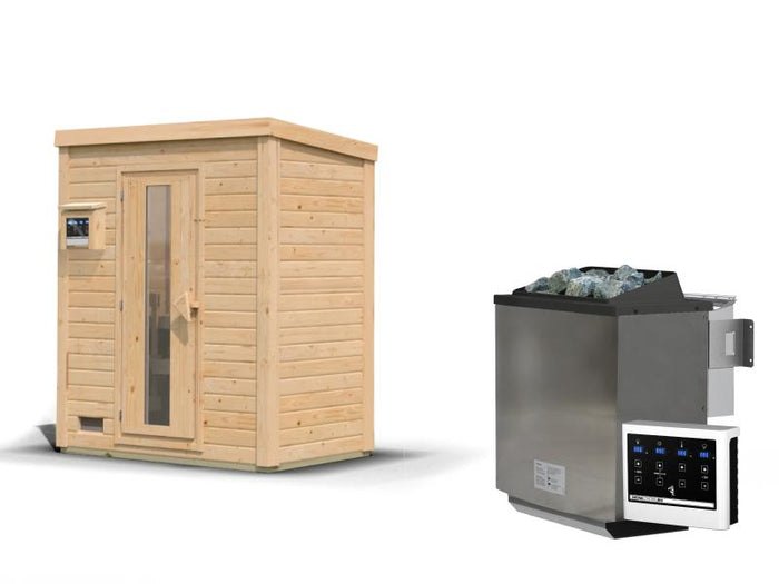 Karibu Saunahaus Hytti 0  38 mm - Ofen 9kW Bio ext. Strg. - Iso Tür naturbelassen