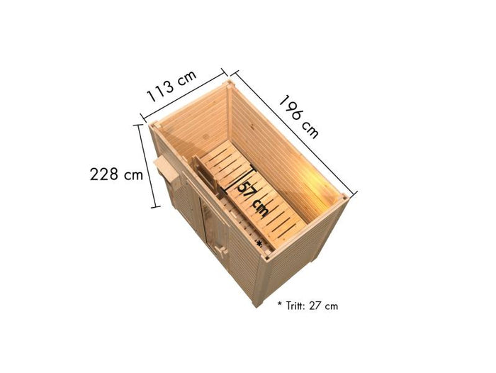 Karibu Saunahaus Hytti 0  38 mm - Ofen 9kW Bio ext. Strg. - Iso Tür naturbelassen