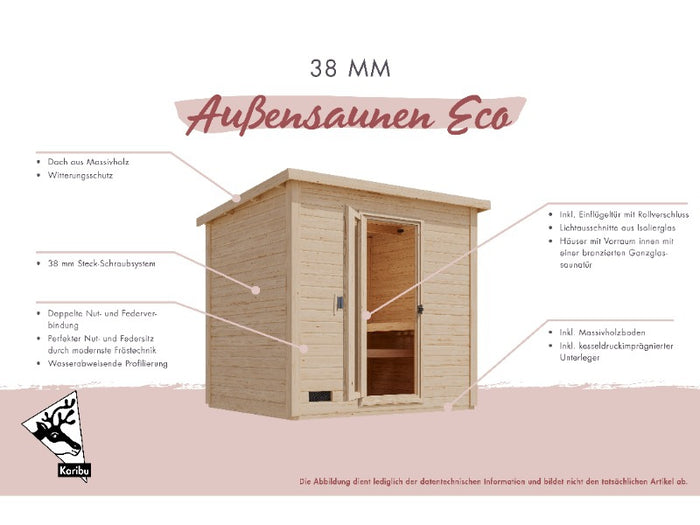 Karibu Saunahaus Hytti 0  38 mm - Ofen 9kW ext. Strg. - Iso Tür naturbelassen