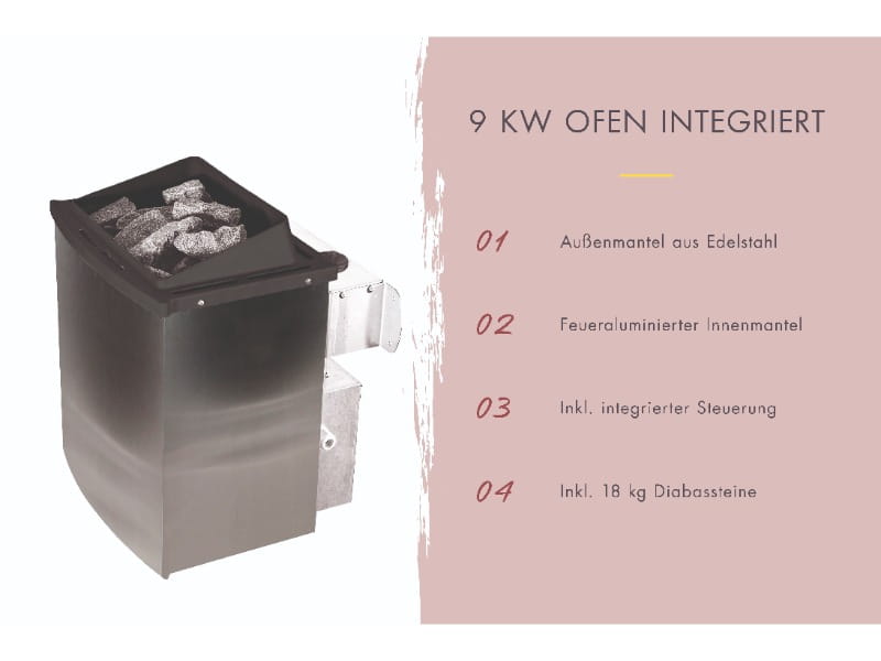 Karibu Saunahaus Hytti 0  38 mm - Ofen 9kW integr. Strg. - Iso-Tür naturbelassen