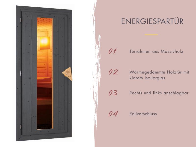 Karibu Saunahaus Hytti 1 38 mm, terragrau  - inkl. 9 kW Ofen integr. Steuerung - mit Energiespartür 