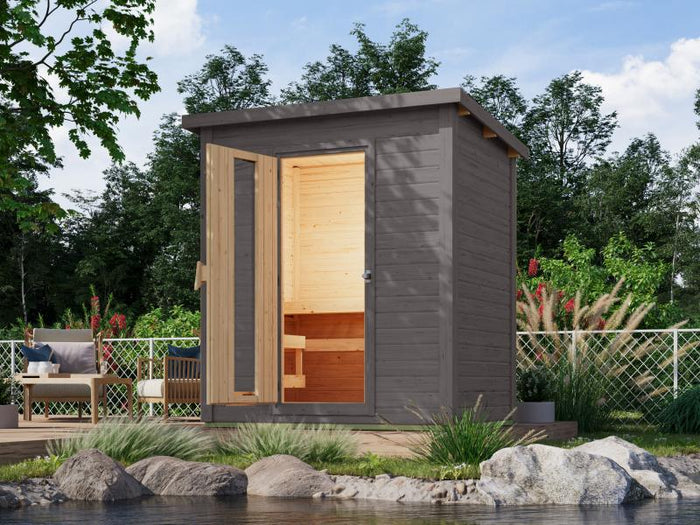 Karibu Saunahaus Hytti 1  38 mm, terragrau - inkl. 9 kW Bioofen ext. Steuerung - mit Energiespartür 