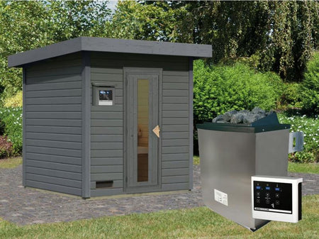 Karibu Saunahaus Hytti 2  38 mm, terragrau- inkl. 9 kW Ofen ext. Steuerung - mit Energiespartür und 