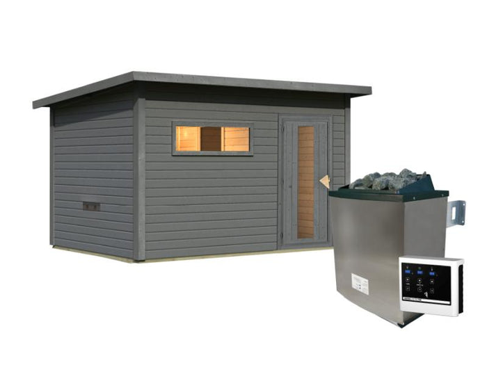Karibu Saunahaus Hytti 6, inkl. 9 kW Ofen ext. Steuerung -mit Iso-Tür-  terragrau, 38 mm