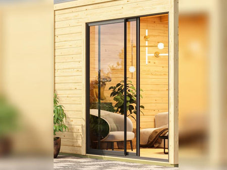 Karibu Saunahaus Miramar schwarz 73 mm inkl. 9 kW Bioofen externe Steuerung mit Vorraum