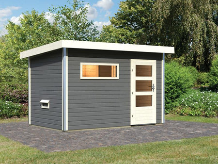 Karibu Saunahaus Skrollan 1 in terragrau- 38 mm- ohne Ofen- moderne Tür