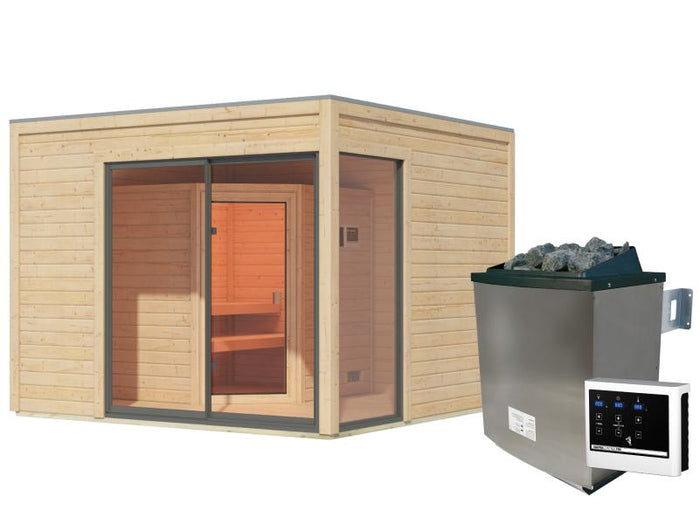 Karibu Saunahaus Terning 1 Set 0 -inkl. 9 kW Bioofen ext. Steuerung- naturbelassen