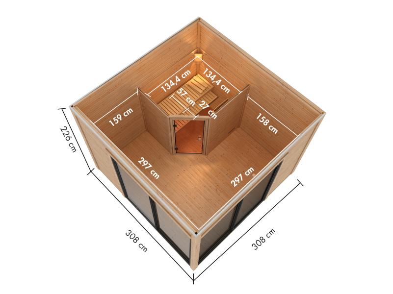 Karibu Saunahaus Terning 3 Set 0 - inkl. 9 kW Ofen ext. Steuerung - naturbelassen