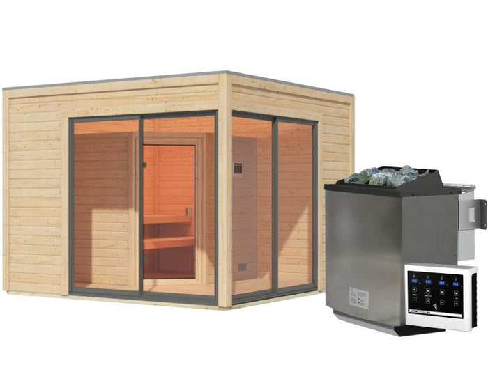 Karibu Saunahaus Terning 3 Set 0 - inkl. 9 kW Bioofen ext. Steuerung - naturbelassen