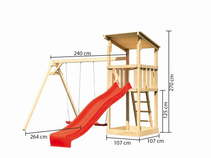 Karibu Spielturm Anna + Rutsche rot + Doppelschaukel