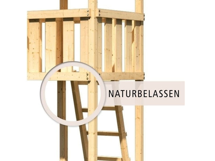 Karibu Spielturm Lotti- Doppelschaukel mit Klettergerüst, Netzrampe und Rutsche in rot