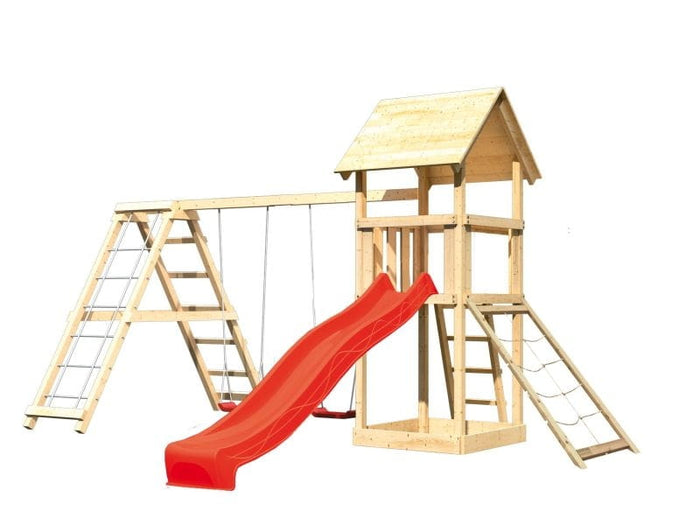 Karibu Spielturm Lotti- Doppelschaukel mit Klettergerüst, Netzrampe und Rutsche in rot