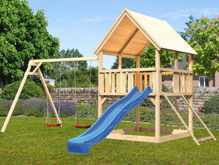 Karibu Spielturm Luis Satteldach + Rutsche blau + Doppelschaukel + Netzrampe